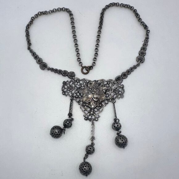 Antique Art Deco 1920s 1930s silver plated Art Nouveau Revival floral necklace - Picture 2 of 8